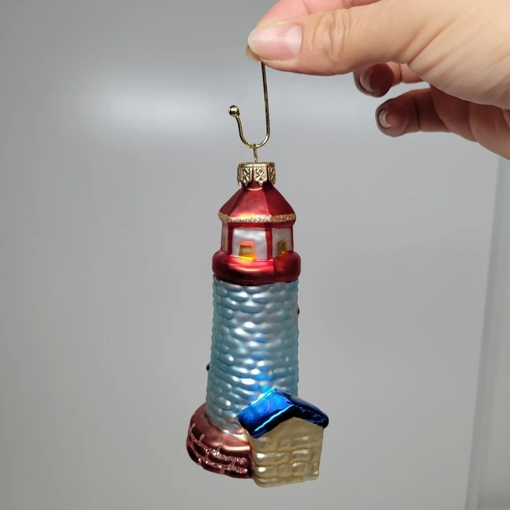 VTG Blown Glass lighthouse‎ Ornament Red Blue Glitter Ocean Coastal Holiday Gift